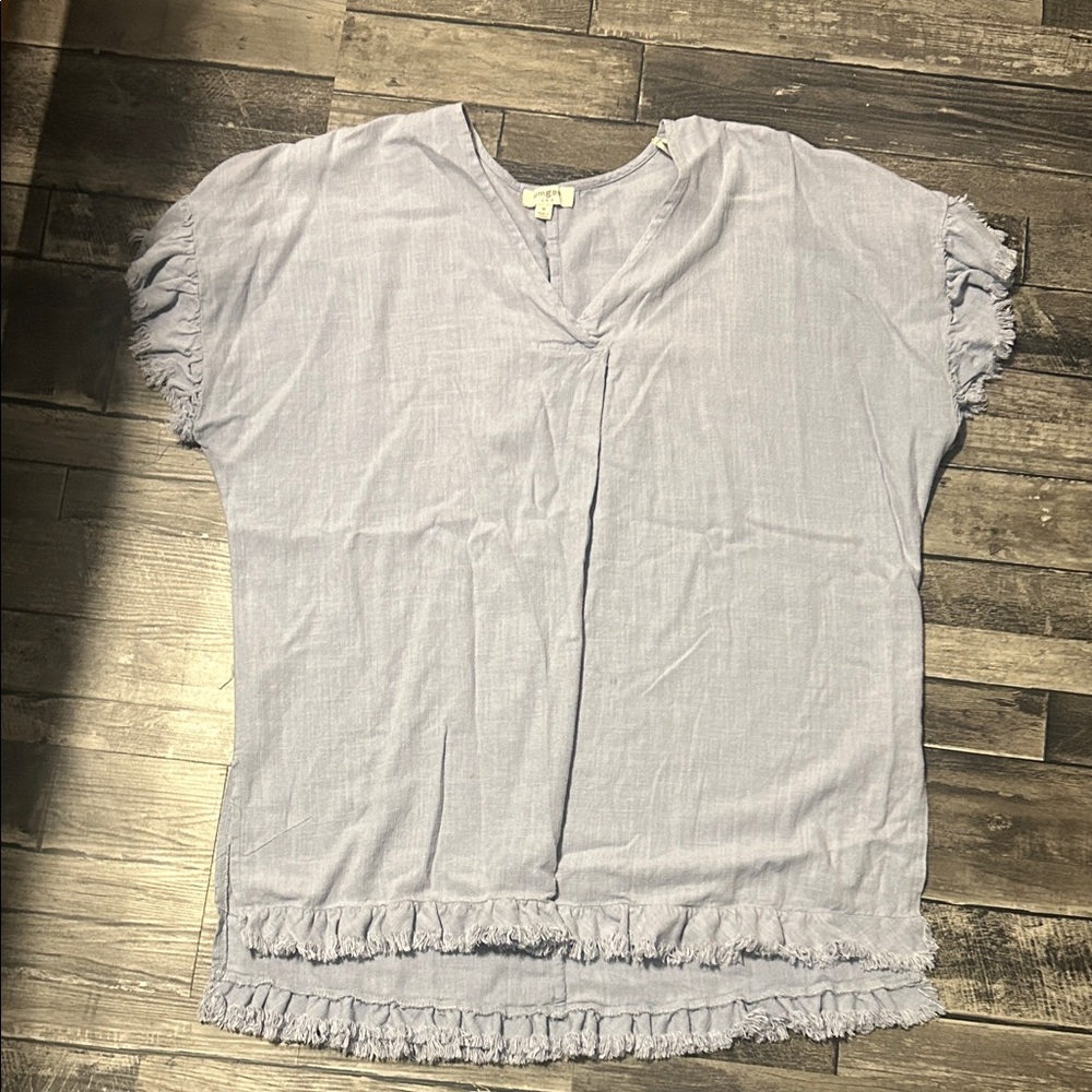 Umgee Light Blue Ruffle Hem Blouse